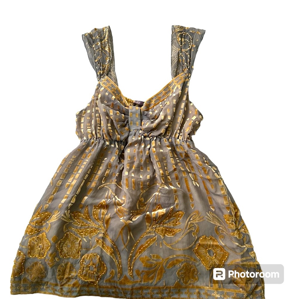Hale Bob glam 90s taupe silk babydoll top gold beading embossed velvet, medium